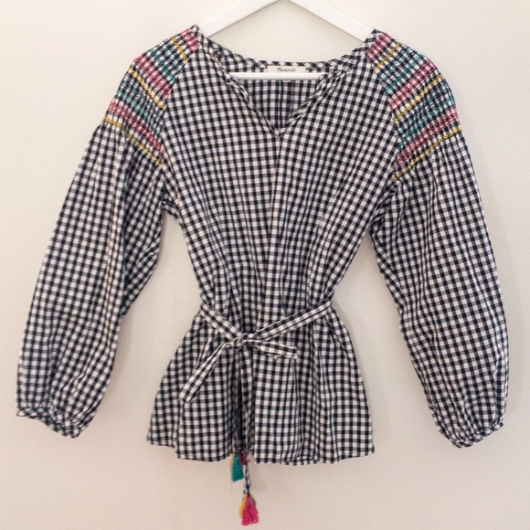 Madewell Gingham tassel tie top black white xsmall - Picture 3 of 8